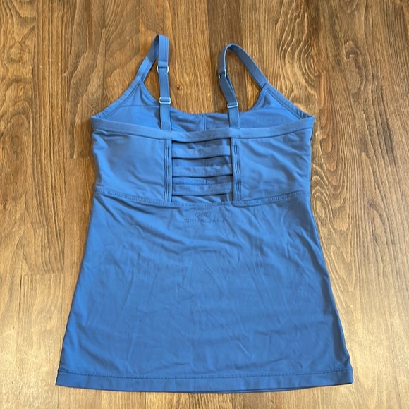 LORNA JANE DUSTY BLUE LADDER BACK BUILT IN BRA CAMISOLE WORKOUT TANK MESH CUTOUT - Picture 5 of 9